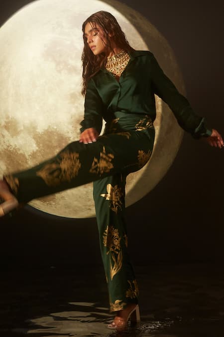 Dohr India Green Modal, Silk, Cotton Foil Printing, Spread Collar Shirt And Pant Set Online at Aza Fashions Dohr India_Green Modal, Silk, Cotton Foil Printing, Spread Collar Shirt And Pant Set _Online_at_Aza_Fashions