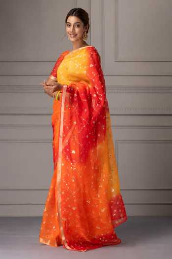 Geroo Jaipur_Yellow Silk, Cotton Round Neck Ombre Embroidered Saree With Blouse _Online_at_Aza_Fashions