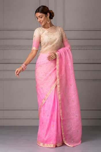 Geroo Jaipur Pink Silk Square Neck Gota Jaal Work Saree With Blouse Online at Aza Fashions Geroo Jaipur_Pink Silk Square Neck Gota Jaal Work Saree With Blouse _Online_at_Aza_Fashions