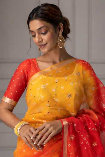 Buy_Geroo Jaipur_Yellow Silk, Cotton Round Neck Ombre Embroidered Saree With Blouse _Online_at_Aza_Fashions