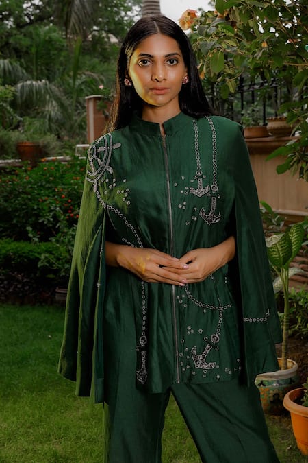 Omana By Ranjana Bothra_Emerald Green Silk, Cotton, Linen, Satin Anchor Dana Cape Trouser Set _Online_at_Aza_Fashions