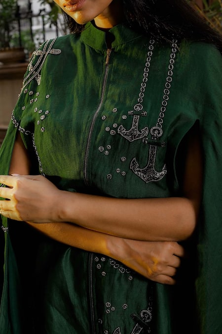 Buy_Omana By Ranjana Bothra_Emerald Green Silk, Cotton, Linen, Satin Anchor Dana Cape Trouser Set _Online_at_Aza_Fashions