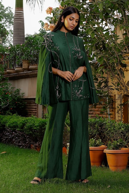 Shop_Omana By Ranjana Bothra_Emerald Green Silk, Cotton, Linen, Satin Anchor Dana Cape Trouser Set _Online_at_Aza_Fashions