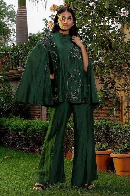 Omana By Ranjana Bothra_Emerald Green Silk, Cotton, Linen, Satin Anchor Dana Cape Trouser Set _at_Aza_Fashions