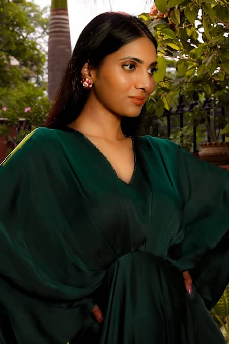 OMANA BY RANJANA BOTHRA_Green Satin Sequin V Neck Emerald Flared Gown _Online_at_Aza_Fashions
