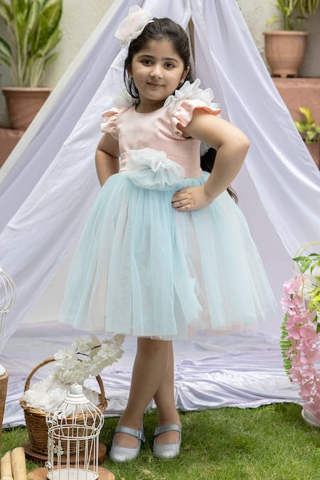 Darleen Kids Couture_Blue Net, Taffeta Pearls, Beads Emily Floral Embellished Dress _Online_at_Aza_Fashions
