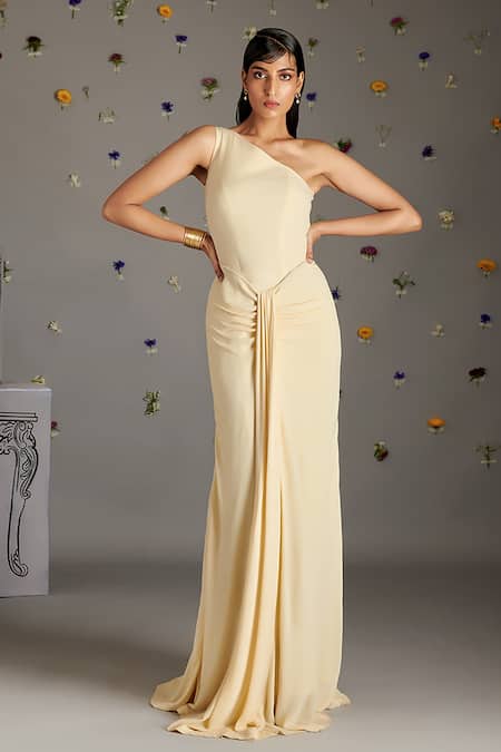 Shop_Gauri Dhawan_Beige Crepe, Velvet One Shoulder, Round Neck Gown And Short Jacket Set _Online_at_Aza_Fashions