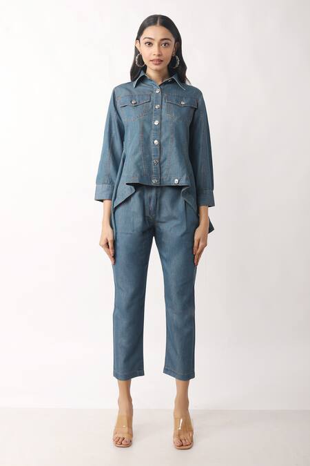 Veera Wear_Blue Denim Collared Asymmetrical Co-ord Set_Online_at_Aza_Fashions