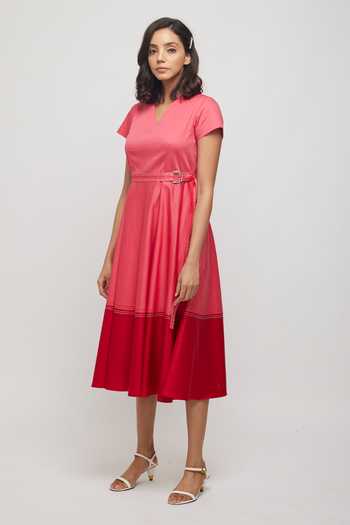 Escape By Aishwarya_Pink Cotton Satin Bows V-neck Color Blocked Dress With Fabric Belt _Online_at_Aza_Fashions