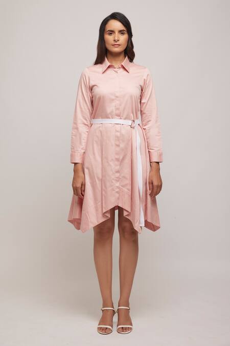 Escape By Aishwarya_Pink Cotton Satin Collared Handkerchief Midi Shirt Dress _Online_at_Aza_Fashions