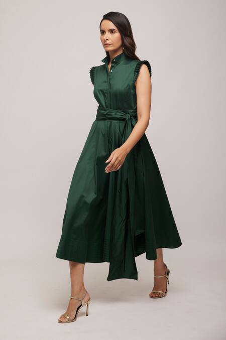 Escape By Aishwarya_Green Cotton Satin Collared Pleated Sleeve Jumpsuit _Online_at_Aza_Fashions