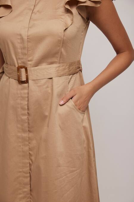 Buy Beige Cotton Satin Shirt Collar Dress With Belt For Women by Escape By  Aishwarya Online at Aza Fashions.