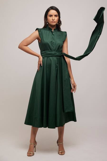 Buy_Escape By Aishwarya_Green Cotton Satin Collared Pleated Sleeve Jumpsuit _Online_at_Aza_Fashions