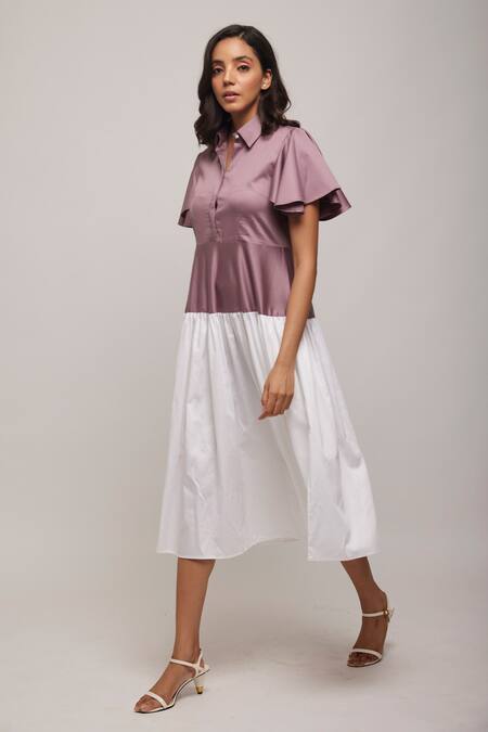 Buy_Escape By Aishwarya_Purple Cotton Satin Collared Colorblock Gathered Dress _Online_at_Aza_Fashions