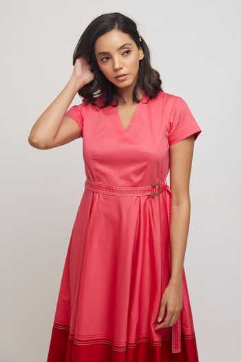 Buy_Escape By Aishwarya_Pink Cotton Satin Bows V-neck Color Blocked Dress With Fabric Belt _Online_at_Aza_Fashions
