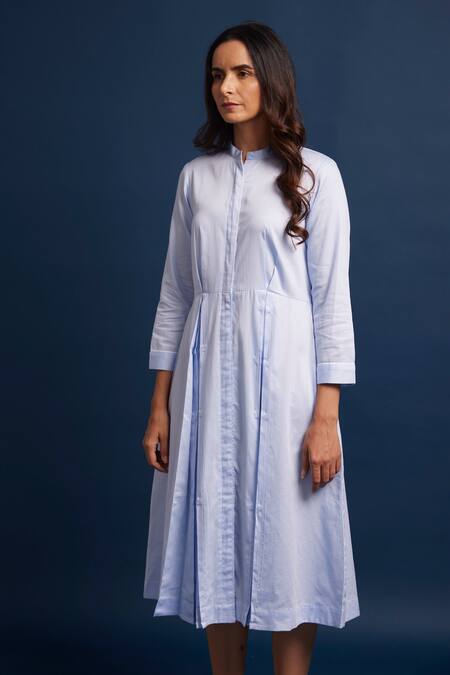 Escape By Aishwarya Blue Cotton Satin Collared Box-pleated Dress Online at Aza Fashions Escape By Aishwarya_Blue Cotton Satin Collared Box-pleated Dress _Online_at_Aza_Fashions