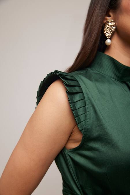 Shop_Escape By Aishwarya_Green Cotton Satin Collared Pleated Sleeve Jumpsuit _Online_at_Aza_Fashions