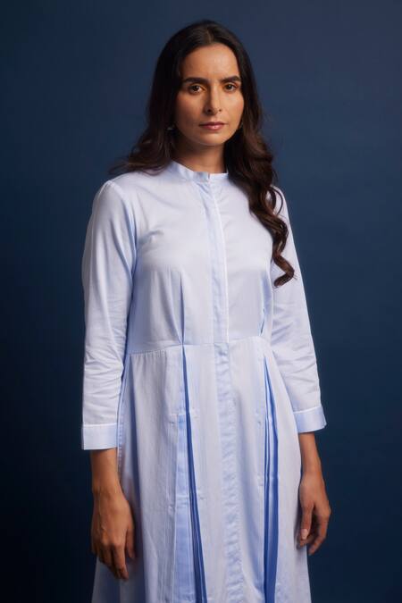 Buy Escape By Aishwarya Blue Cotton Satin Collared Box-pleated Dress Online at Aza Fashions Buy_Escape By Aishwarya_Blue Cotton Satin Collared Box-pleated Dress _Online_at_Aza_Fashions