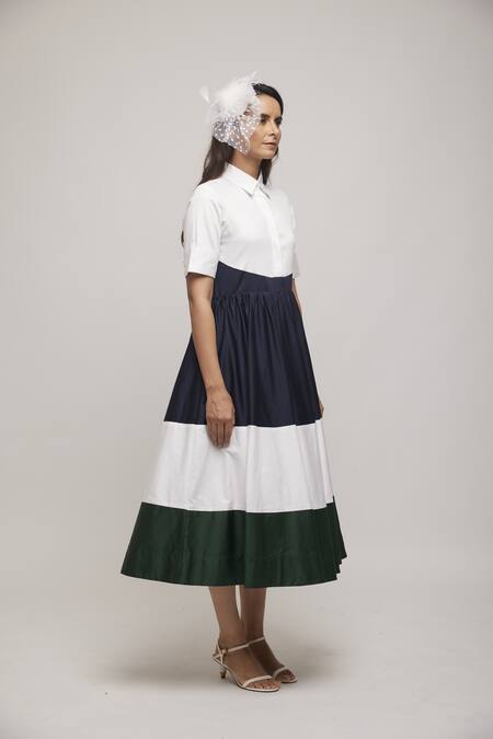 Escape By Aishwarya_Blue Cotton Satin Collared Colorblock Dress _Online_at_Aza_Fashions