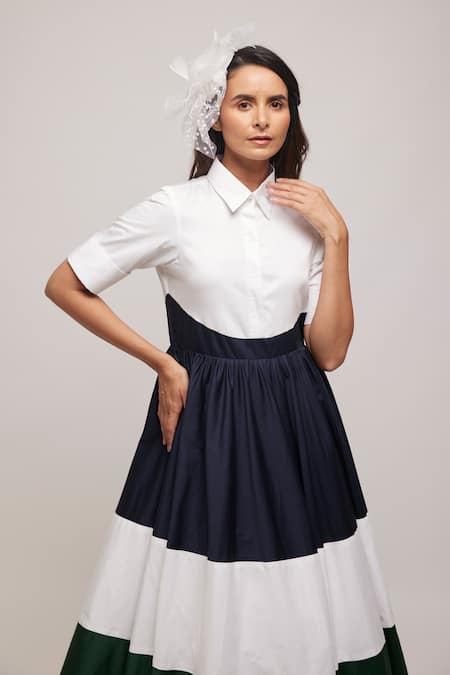 Shop_Escape By Aishwarya_Blue Cotton Satin Collared Colorblock Dress _Online_at_Aza_Fashions