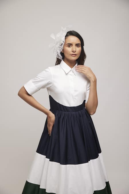 Buy_Escape By Aishwarya_Blue Cotton Satin Collared Colorblock Dress _Online_at_Aza_Fashions