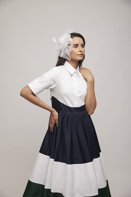 Escape By Aishwarya_Blue Cotton Satin Collared Colorblock Dress _at_Aza_Fashions
