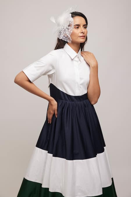 Buy_Escape By Aishwarya_Blue Cotton Satin Collared Colorblock Dress 