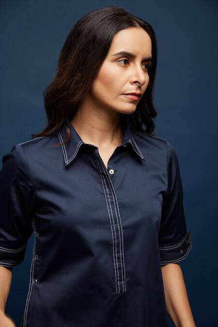 Buy Escape By Aishwarya Blue Cotton Satin Embroidery Collared Side Open Tich Shirt Online at Aza Fashions Buy_Escape By Aishwarya_Blue Cotton Satin Embroidery Collared Side Open Tich Shirt _Online_at_Aza_Fashions