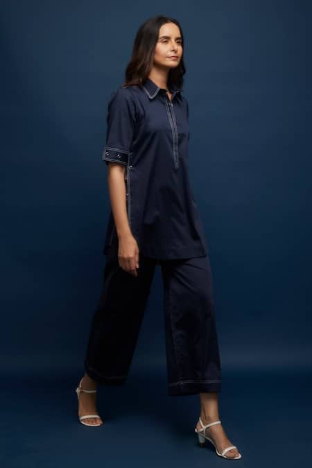 Shop Escape By Aishwarya Blue Cotton Satin Embroidery Collared Side Open Tich Shirt Online at Aza Fashions Shop_Escape By Aishwarya_Blue Cotton Satin Embroidery Collared Side Open Tich Shirt _Online_at_Aza_Fashions