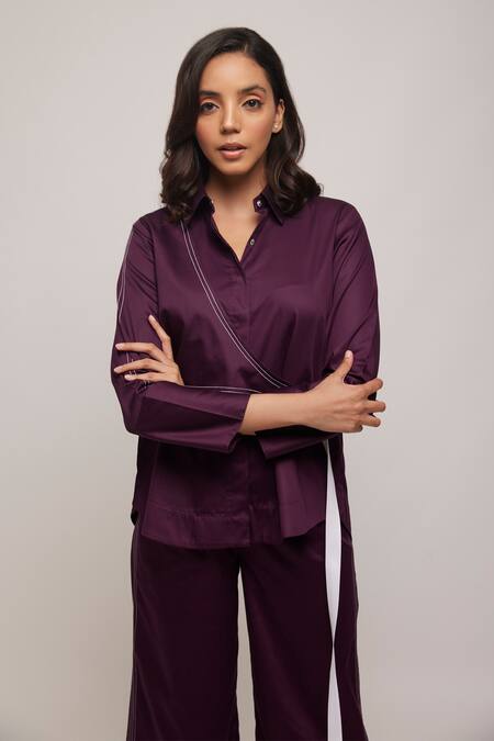 Escape By Aishwarya Purple Cotton Satin Embroidery Collared Diagonal Overlay Shirt Online at Aza Fashions Escape By Aishwarya_Purple Cotton Satin Embroidery Collared Diagonal Overlay Shirt _Online_at_Aza_Fashions