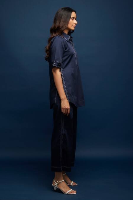 Escape By Aishwarya Blue Cotton Satin Embroidery Collared Side Open Tich Shirt at Aza Fashions Escape By Aishwarya_Blue Cotton Satin Embroidery Collared Side Open Tich Shirt _at_Aza_Fashions