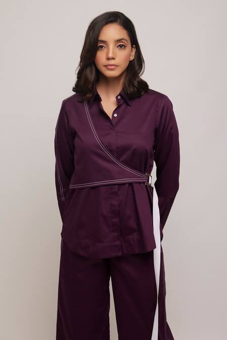 Buy Escape By Aishwarya Purple Cotton Satin Embroidery Collared Diagonal Overlay Shirt Online at Aza Fashions Buy_Escape By Aishwarya_Purple Cotton Satin Embroidery Collared Diagonal Overlay Shirt _Online_at_Aza_Fashions