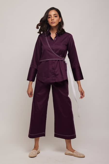 Shop Escape By Aishwarya Purple Cotton Satin Embroidery Collared Diagonal Overlay Shirt Online at Aza Fashions Shop_Escape By Aishwarya_Purple Cotton Satin Embroidery Collared Diagonal Overlay Shirt _Online_at_Aza_Fashions