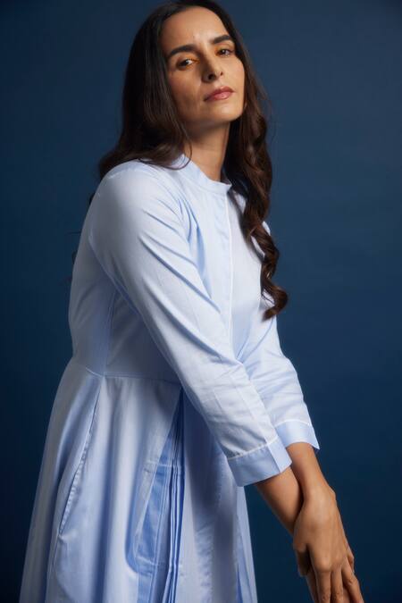 Shop Escape By Aishwarya Blue Cotton Satin Collared Box-pleated Dress Online at Aza Fashions Shop_Escape By Aishwarya_Blue Cotton Satin Collared Box-pleated Dress _Online_at_Aza_Fashions