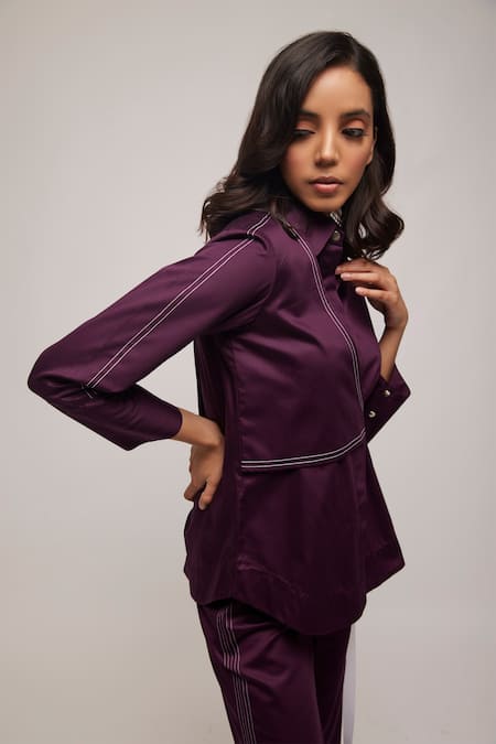 Escape By Aishwarya Purple Cotton Satin Embroidery Collared Diagonal Overlay Shirt at Aza Fashions Escape By Aishwarya_Purple Cotton Satin Embroidery Collared Diagonal Overlay Shirt _at_Aza_Fashions