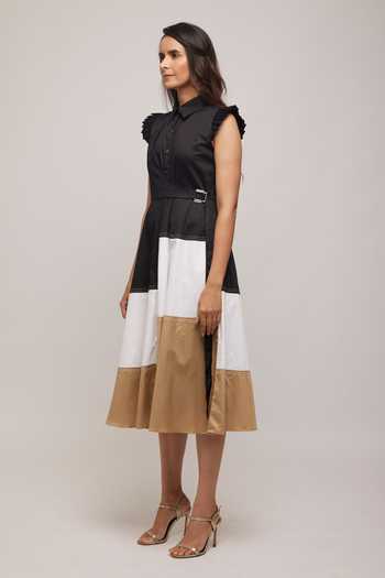 Escape By Aishwarya_Black Cotton Satin Collared Circular Dress _Online_at_Aza_Fashions