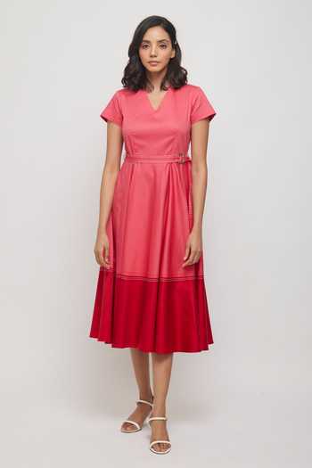Shop_Escape By Aishwarya_Pink Cotton Satin Bows V-neck Color Blocked Dress With Fabric Belt _Online_at_Aza_Fashions