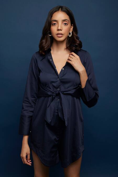 Buy_Escape By Aishwarya_Blue Cotton Satin Collared Front Tie Up Jumpsuit _Online_at_Aza_Fashions
