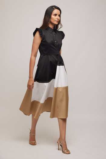 Buy_Escape By Aishwarya_Black Cotton Satin Collared Circular Dress _Online_at_Aza_Fashions