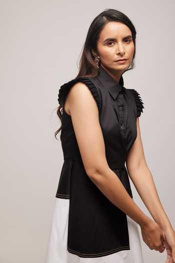 Shop_Escape By Aishwarya_Black Cotton Satin Collared Circular Dress _Online_at_Aza_Fashions