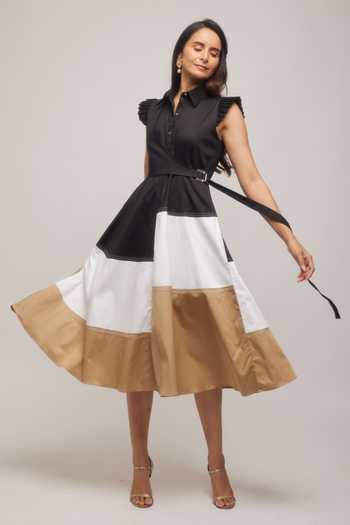 Escape By Aishwarya_Black Cotton Satin Collared Circular Dress _at_Aza_Fashions