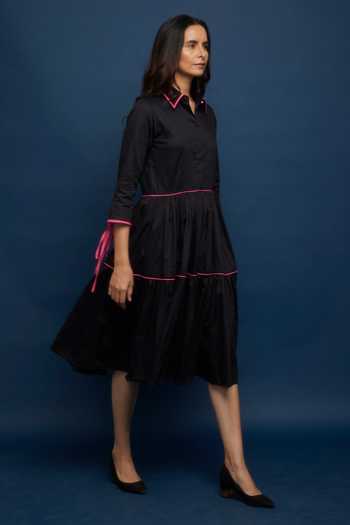 Buy_Escape By Aishwarya_Black Cotton Satin Collared Gathered Midi Dress _Online_at_Aza_Fashions
