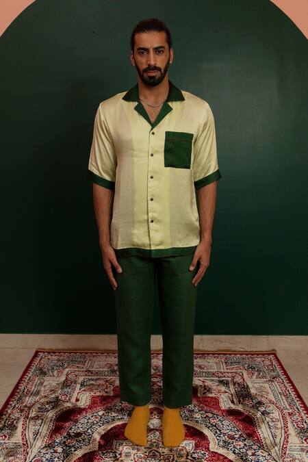 Artless_Cream Linen Satin Evergreen Half Sleeved Shirt_Online_at_Aza_Fashions