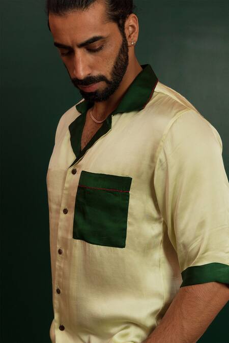 Shop_Artless_Cream Linen Satin Evergreen Half Sleeved Shirt_Online_at_Aza_Fashions