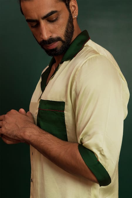 Artless_Cream Linen Satin Evergreen Half Sleeved Shirt_at_Aza_Fashions