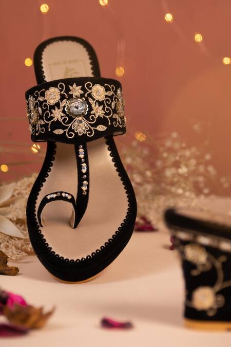 Shop House Of Vian Black Beads, Embroidery Evie Velvet Kolhapuri Wedges Online at Aza Fashions Shop_House Of Vian_Black Beads, Embroidery Evie Velvet Kolhapuri Wedges _Online_at_Aza_Fashions