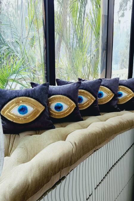 Buy_Throwpillow_Black Blend Of Cotton And Polyester Evil Eye Cushion Cover - Single Pc_Online_at_Aza_Fashions