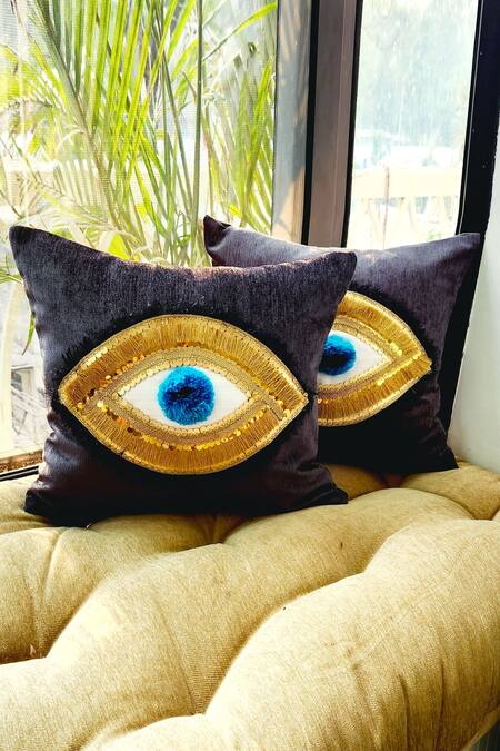 Shop_Throwpillow_Black Blend Of Cotton And Polyester Evil Eye Cushion Cover - Single Pc_Online_at_Aza_Fashions