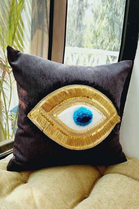 Throwpillow_Black Blend Of Cotton And Polyester Evil Eye Cushion Cover - Single Pc_Online_at_Aza_Fashions