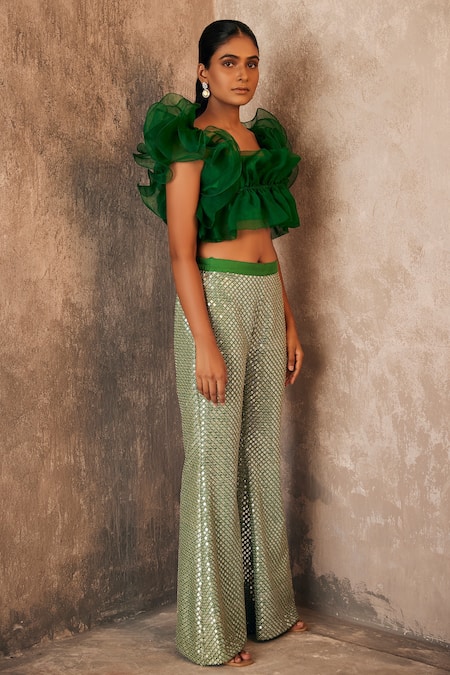 Evra by Nikita Green Georgette Embroidered Sequins Organza Ruffled Top And Pant Set 